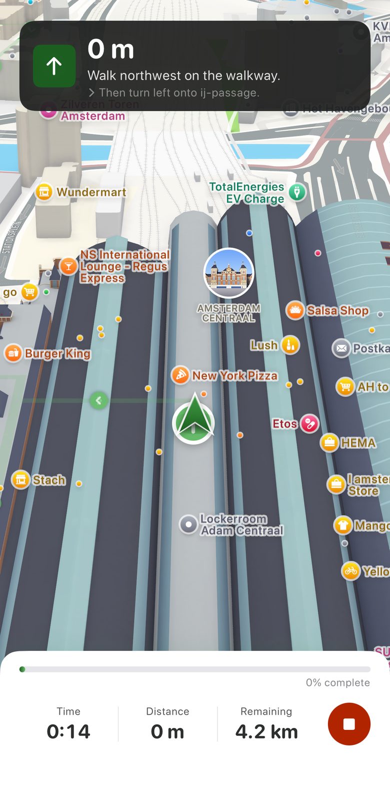Looopr turn-by-turn navigation view with the next instruction, walk time, distance and remaining distance