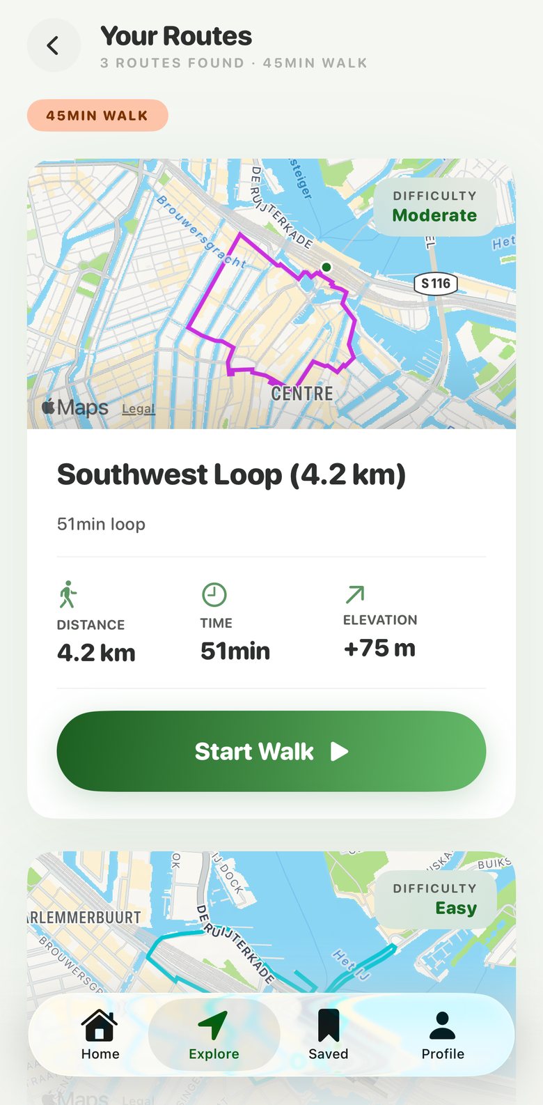 Looopr showing generated walking loops near Amsterdam Centraal: a 4.2 km Southwest Loop of 51 minutes with a moderate difficulty rating
