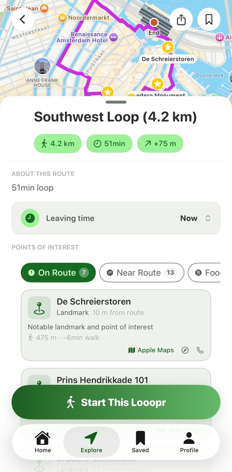 Looopr route view: a 4.2 km loop from Amsterdam Centraal with distance, time, elevation and points of interest along the route