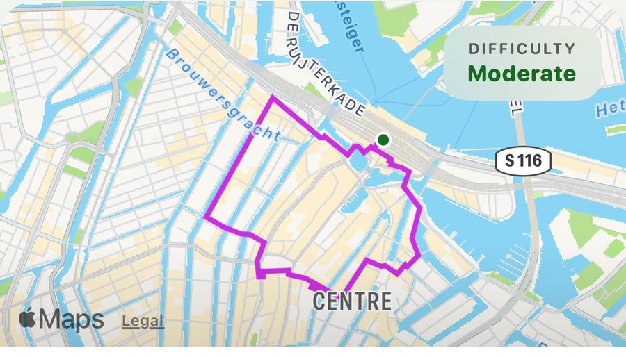 A generated loop route drawn on the map around Amsterdam Centraal, marked Difficulty: Moderate